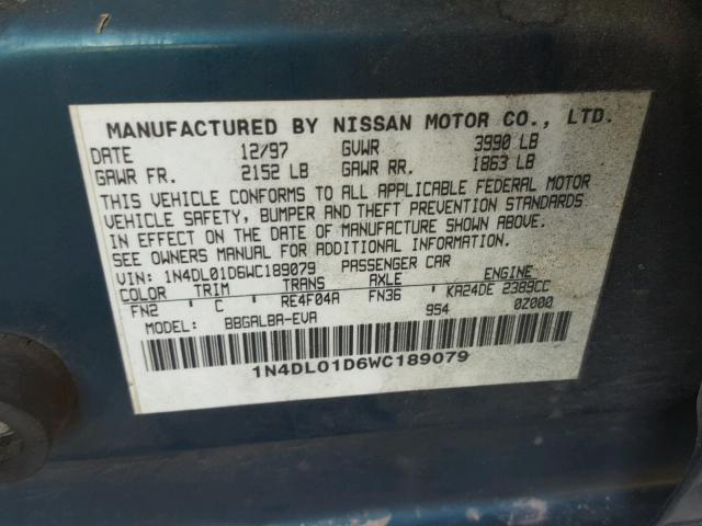 1N4DL01D6WC189079 - 1998 NISSAN ALTIMA XE BLUE photo 10