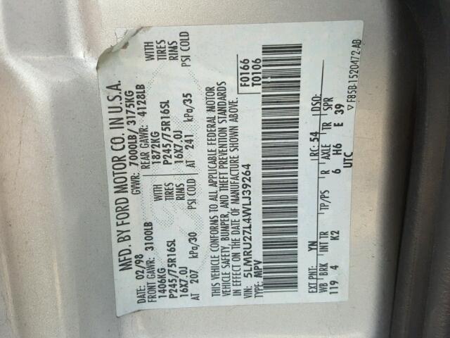 5LMRU27L4WLJ39264 - 1998 LINCOLN NAVIGATOR ვერცხლისფერი ფოტო 10