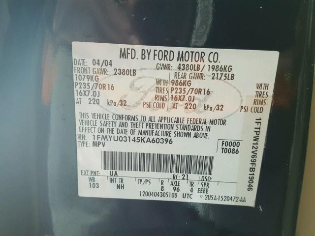 1FMYU03145KA60396 - 2005 FORD ESCAPE XLT BLACK photo 10