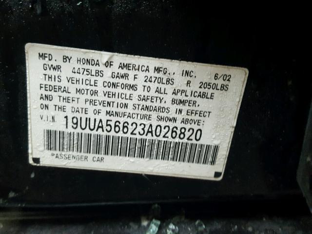 19UUA56623A026820 - 2003 ACURA 3.2TL BLACK photo 10