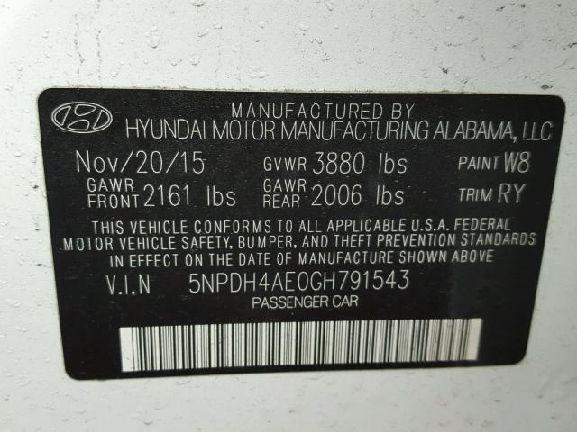 5NPDH4AE0GH791543 - 2016 HYUNDAI ELANTRA SE WHITE photo 10