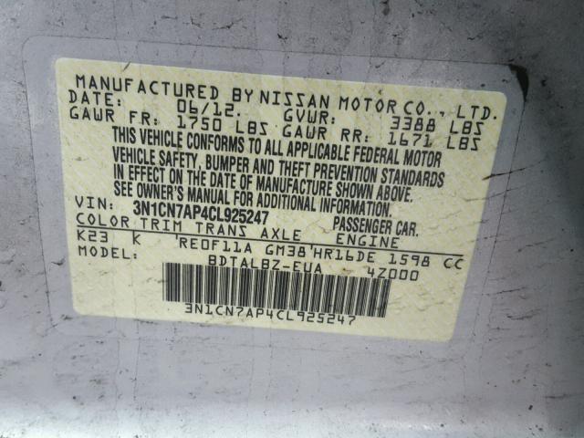 3N1CN7AP4CL925247 - 2012 NISSAN VERSA S SILVER photo 10