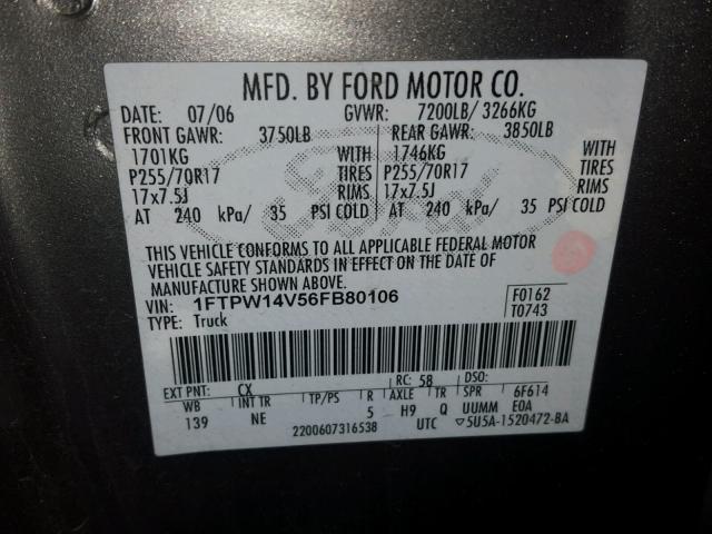 1FTPW14V56FB80106 - 2006 FORD F150 SUPER GRAY photo 10