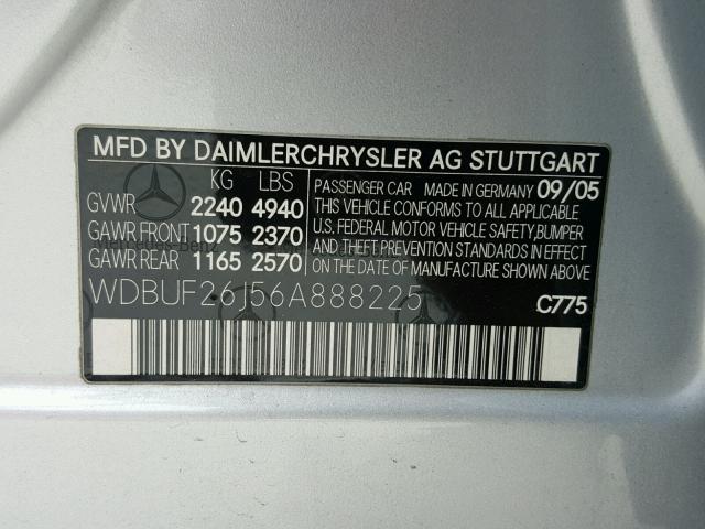 WDBUF26J56A888225 - 2006 MERCEDES-BENZ E 320 CDI SILVER photo 10