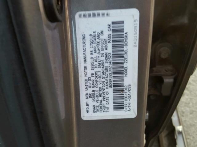 1NXBR32E33Z142523 - 2003 TOYOTA COROLLA CE GRAY photo 10