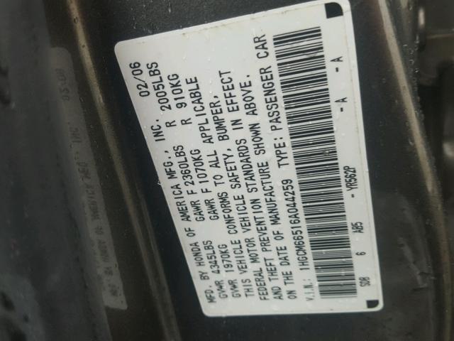 1HGCM66516A044259 - 2006 HONDA ACCORD EX GRAY photo 10