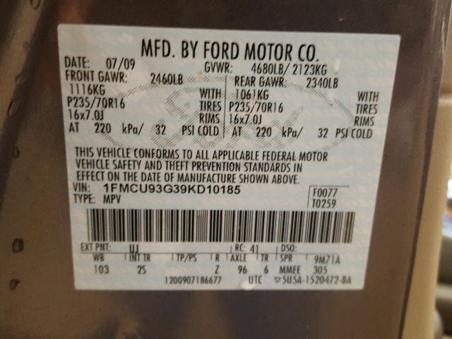 1FMCU93G39KD10185 - 2009 FORD ESCAPE XLT GRAY photo 10