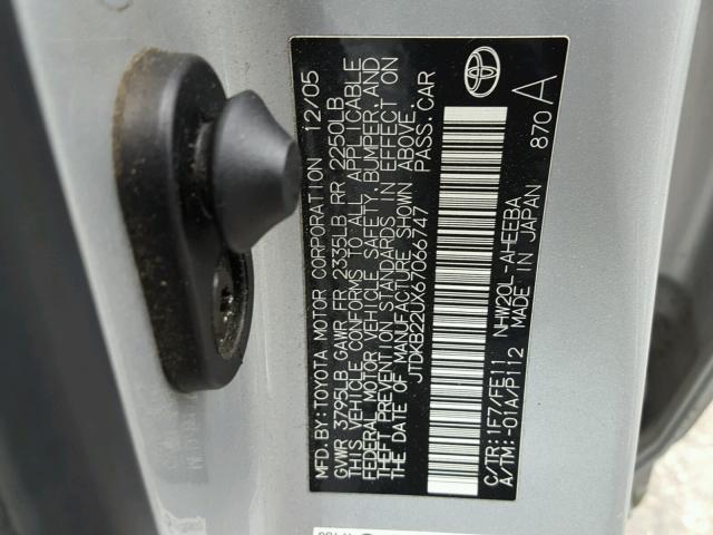 JTDKB22UX67066747 - 2006 TOYOTA PRIUS SILVER photo 10