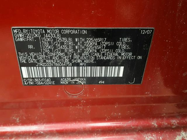 JTMZD33V786064758 - 2008 TOYOTA RAV4 RED photo 10