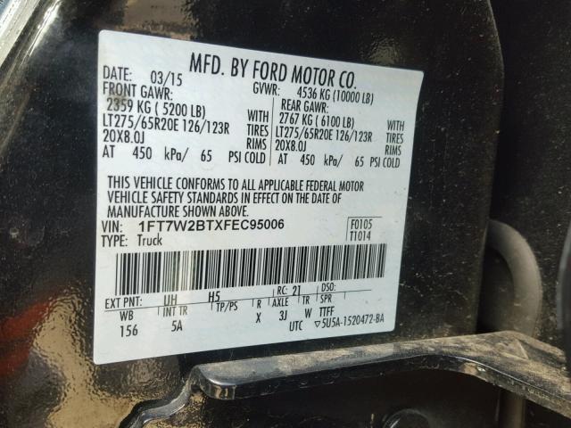 1FT7W2BTXFEC95006 - 2015 FORD F250 SUPER BLACK photo 10