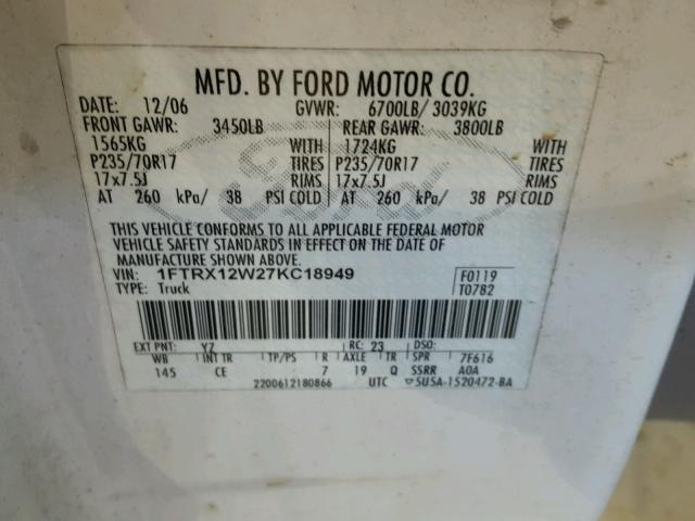 1FTRX12W27KC18949 - 2007 FORD F150 WHITE photo 10