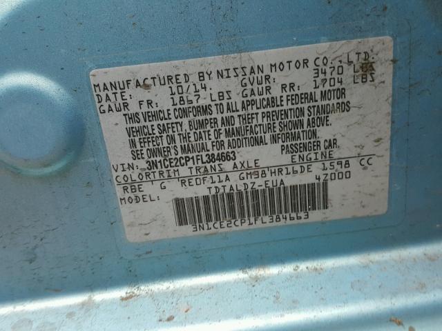 3N1CE2CP1FL384663 - 2015 NISSAN VERSA NOTE BLUE photo 10