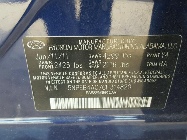 5NPEB4AC7CH314820 - 2012 HYUNDAI SONATA GLS BLUE photo 10