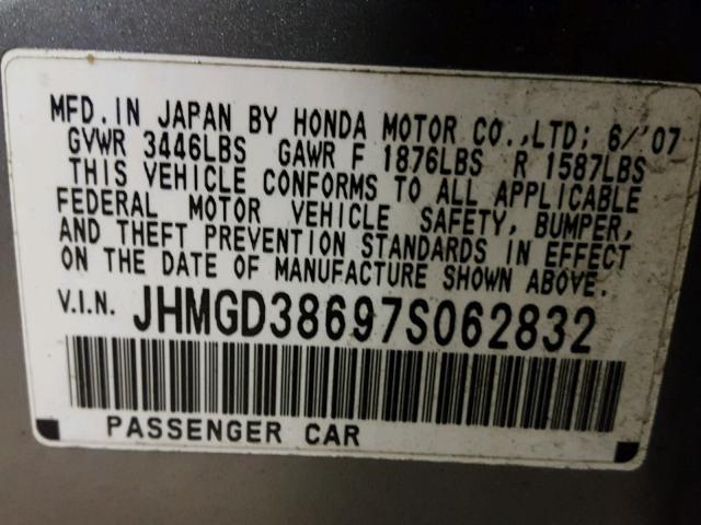 JHMGD38697S062832 - 2007 HONDA FIT S GRAY photo 10