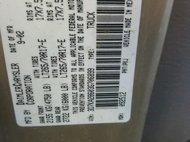 3D7KA28603G706899 - 2003 DODGE RAM 2500 S GOLD photo 10