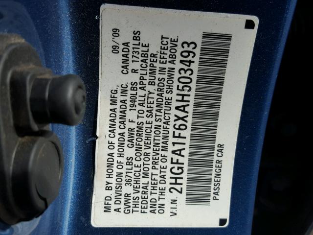 2HGFA1F6XAH503493 - 2010 HONDA CIVIC BLUE photo 10