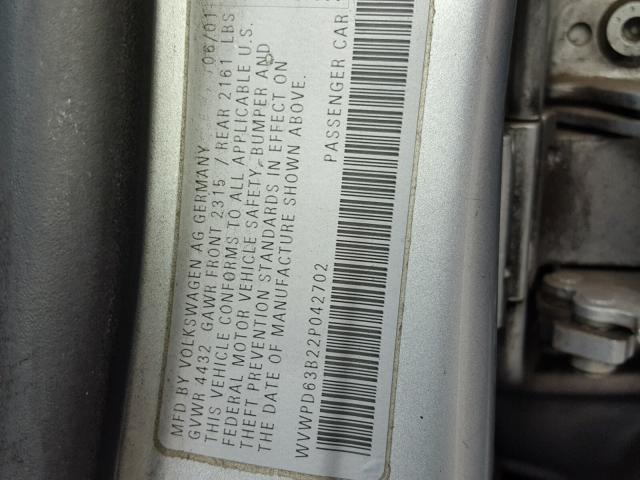 WVWPD63B22P042702 - 2002 VOLKSWAGEN PASSAT GLS SILVER photo 10