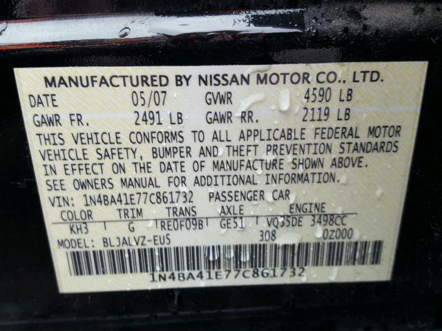 1N4BA41E77C861732 - 2007 NISSAN MAXIMA SE BLACK photo 10