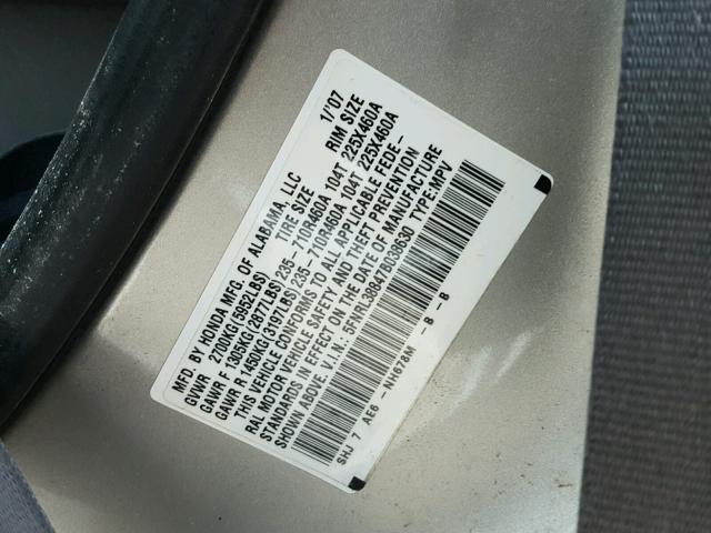 5FNRL38847B038630 - 2007 HONDA ODYSSEY TO SILVER photo 10