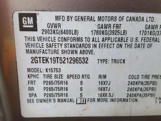 2GTEK19T521296532 - 2002 GMC NEW SIERRA TAN photo 10