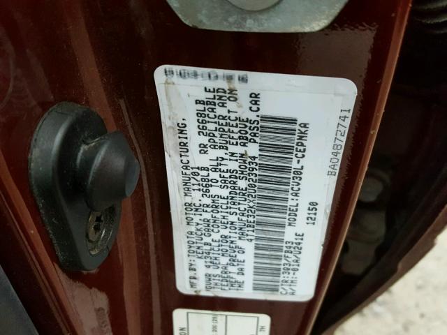 4T1BE32KX2U023934 - 2002 TOYOTA CAMRY LE MAROON photo 10