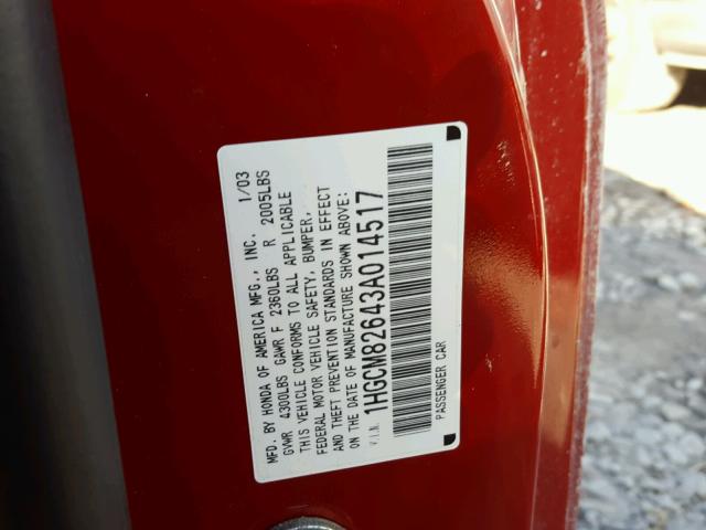 1HGCM82643A014517 - 2003 HONDA ACCORD EX RED photo 10