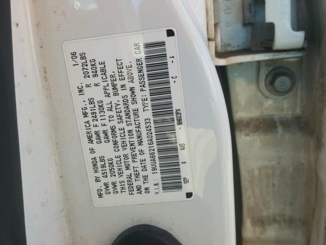 19UUA66216A024533 - 2006 ACURA 3.2TL WHITE photo 10