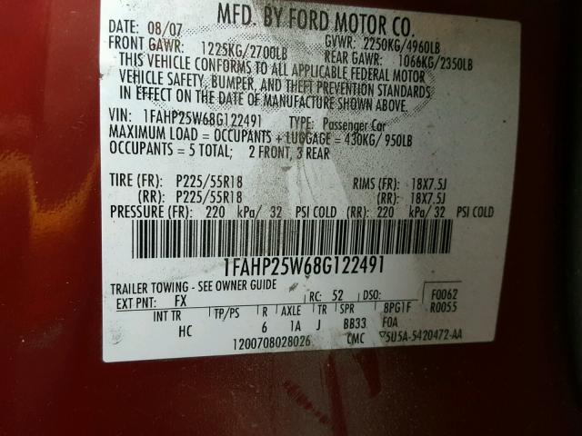 1FAHP25W68G122491 - 2008 FORD TAURUS LIM MAROON photo 10