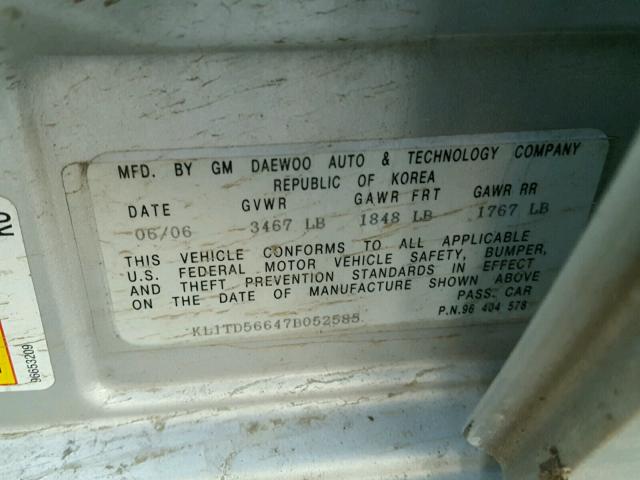 KL1TD56647B052585 - 2007 CHEVROLET AVEO BASE ვერცხლისფერი ფოტო 10