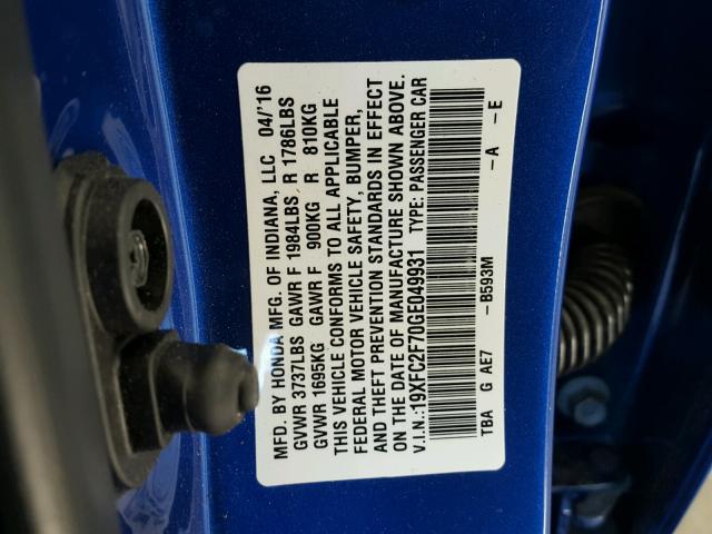 19XFC2F70GE049931 - 2016 HONDA CIVIC EX ლურჯი ფოტო 10