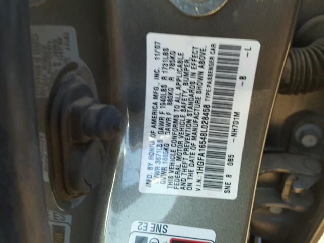 1HGFA16548L028458 - 2008 HONDA CIVIC LX GRAY photo 10