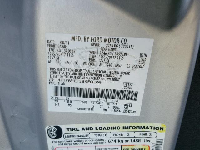 1FTFW1ET3BKE00658 - 2011 FORD F150 SUPER SILVER photo 10