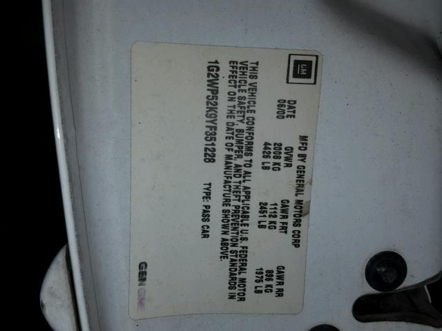 1G2WP52K9YF351228 - 2000 PONTIAC GRAND PRIX 白色 照片 10