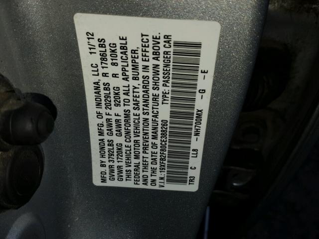 19XFB2F80CE388260 - 2012 HONDA CIVIC EX ვერცხლისფერი ფოტო 10