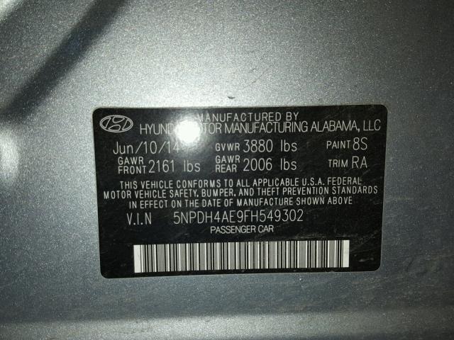 5NPDH4AE9FH549302 - 2015 HYUNDAI ELANTRA SE SILVER photo 10