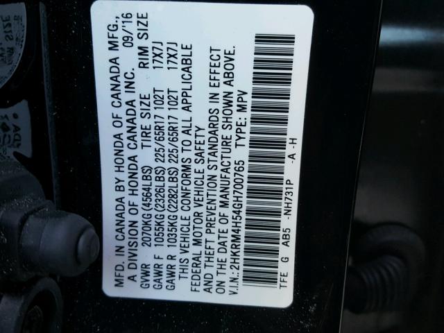 2HKRM4H54GH700765 - 2016 HONDA CR-V EX BLACK photo 10