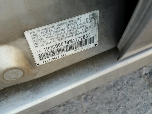 1HGCG6679WA172855 - 1998 HONDA ACCORD EX GRAY photo 10