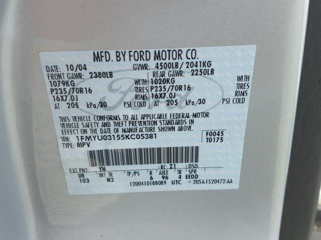 1FMYU03155KC05381 - 2005 FORD ESCAPE XLT SILVER photo 10