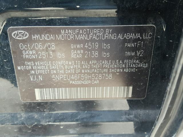 5NPEU46F59H528758 - 2009 HYUNDAI SONATA SE BLACK photo 10