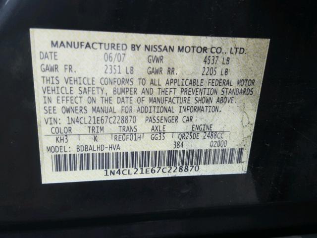 1N4CL21E67C228870 - 2007 NISSAN ALTIMA HYB BLACK photo 10