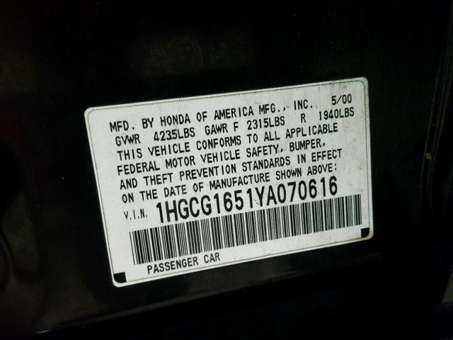 1HGCG1651YA070616 - 2000 HONDA ACCORD EX BLACK photo 10