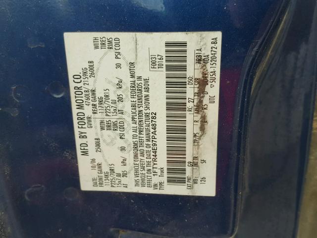 1FTYR44E97PA48782 - 2007 FORD RANGER SUP BLUE photo 10