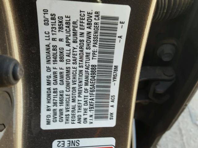 19XFA1F65AE049888 - 2010 HONDA CIVIC GRAY photo 10