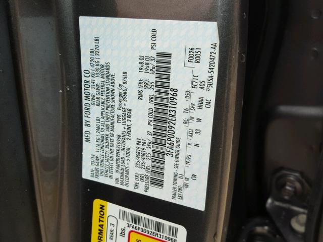 3FA6P0D92ER310968 - 2014 FORD FUSION TIT GRAY photo 10