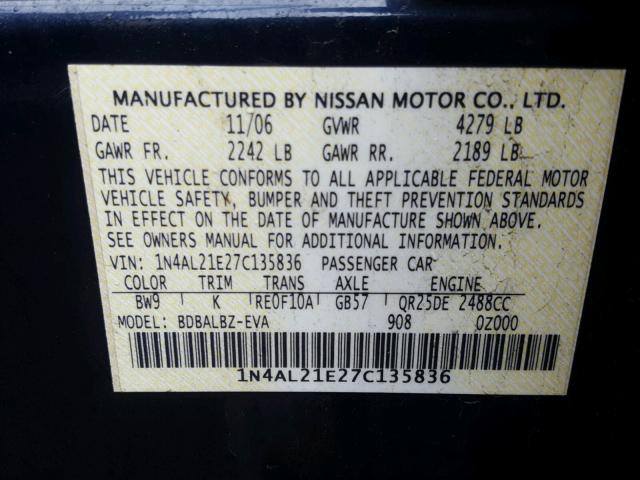 1N4AL21E27C135836 - 2007 NISSAN ALTIMA 2.5 BLUE photo 10