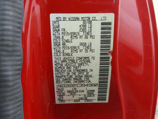 1N6DD26S8YC394980 - 2000 NISSAN FRONTIER K RED photo 10