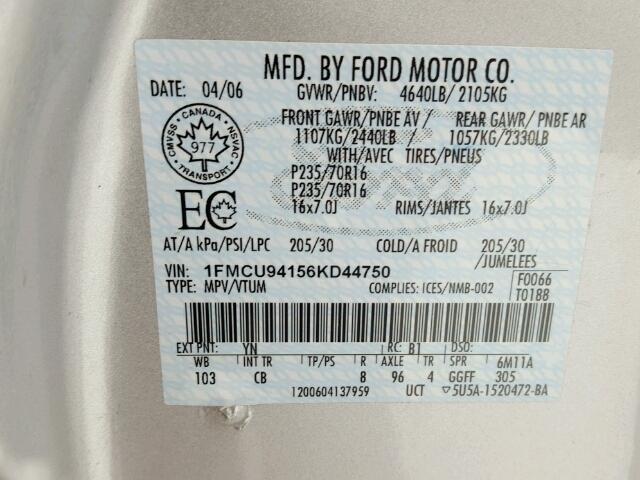 1FMCU94156KD44750 - 2006 FORD ESCAPE LIM SILVER photo 10