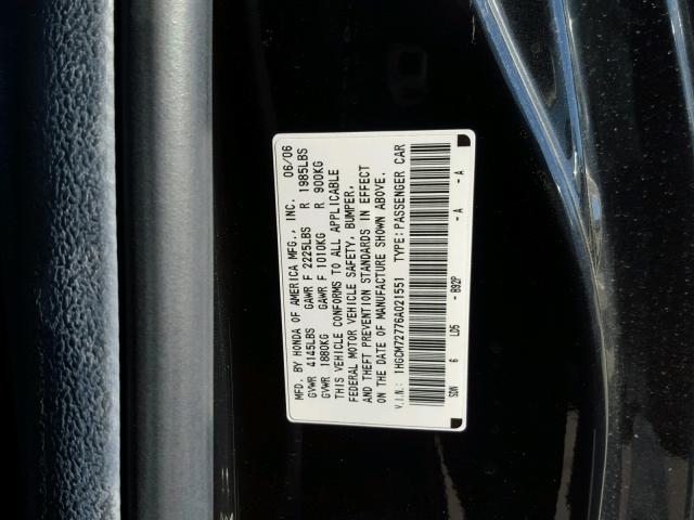 1HGCM72776A021551 - 2006 HONDA ACCORD EX BLACK photo 10