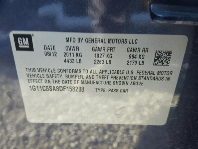 1G11C5SA8DF158208 - 2013 CHEVROLET MALIBU 1LT ლურჯი ფოტო 10