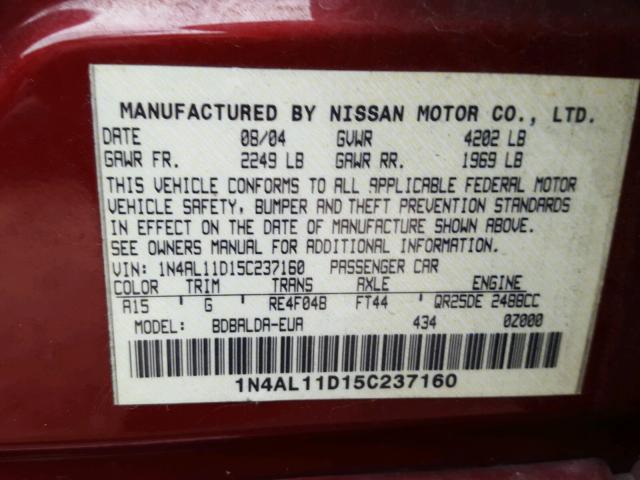 1N4AL11D15C237160 - 2005 NISSAN ALTIMA S RED photo 10